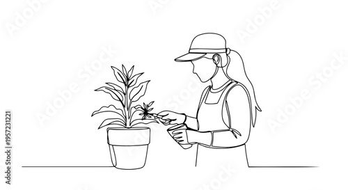 Woman gardener tending to a potted plant. One line drawing minimalist vector illustration. Continuous line art of a florist isolated on white background