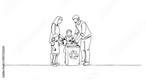 Family recycling waste in a bin. One line drawing minimalist vector illustration. Continuous line art of environmental care isolated on white background