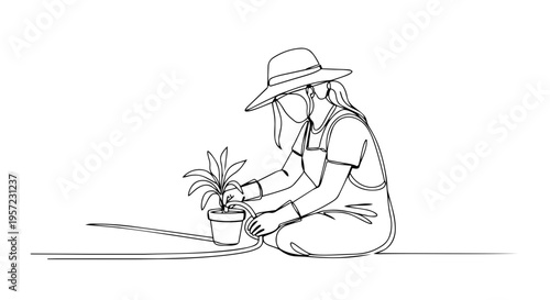 Woman watering plant one line drawing. Continuous line art of a female gardener with a hose. Minimalist vector illustration of spring gardening