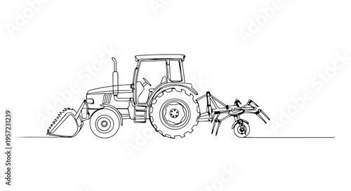 Farm tractor with front loader one line drawing. Continuous line art of agricultural machinery with attachments. Minimalist vector illustration