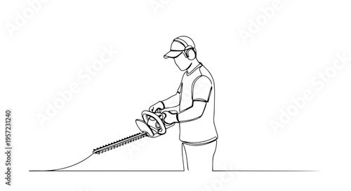 Man using hedge trimmer one line drawing. Continuous line art of a gardener landscaping with power tools. Minimalist vector illustration