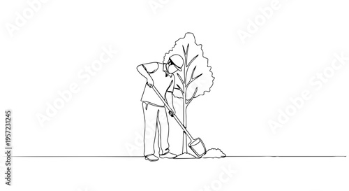 Man planting a tree with a shovel one line drawing. Minimalist vector illustration of gardening and environmental conservation. Sustainability and reforestation concept