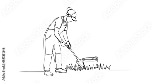 Woman gardener with shovel and bucket one line drawing. Minimalist vector illustration of spring gardening. Landscaping and outdoor hobby concept