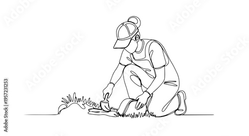 Woman kneeling and gardening one line drawing. Minimalist vector illustration of planting and weeding. Spring garden activity and nature concept