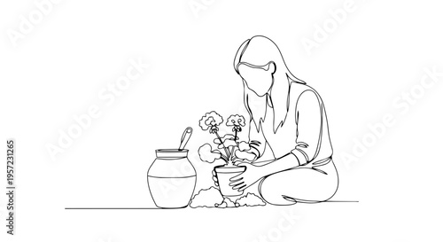 Woman potting a plant one line drawing. Minimalist vector illustration of gardening and transplanting. Spring planting and horticulture concept