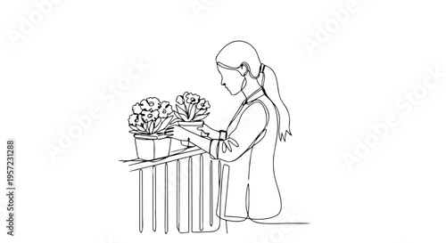 Woman tending to potted flowers one line drawing. Minimalist vector illustration of balcony gardening. Urban lifestyle and spring plant care concept