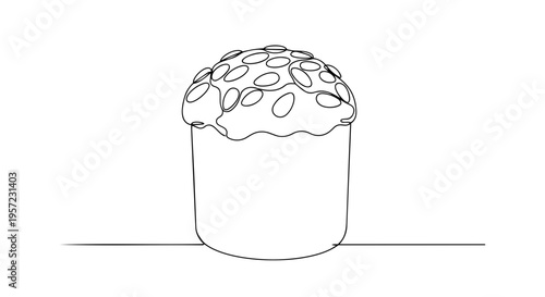 One line drawing of a decorated Easter cake. Minimalist continuous line art of traditional festive bread. Vector illustration of a spring holiday pastry