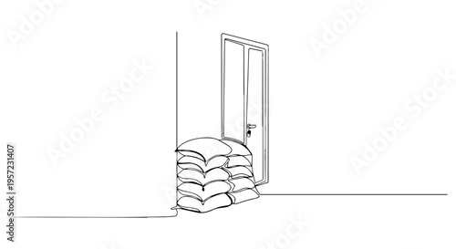Stack of sacks by a door one line drawing. Minimalist vector illustration of storage or delivery. Continuous line art of bags in a room corner