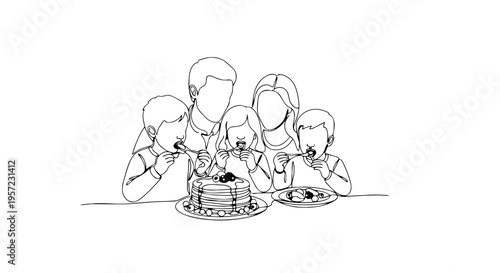 Family eating pancakes one line drawing. Continuous line illustration of breakfast time with parents and children. Minimalist vector graphic