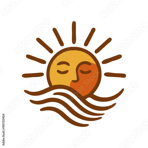 Logo agencia de viajes. Vacaciones de verano. Dibujo sencillo con líneas de un sol con cara con olas de mar