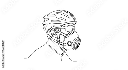 Cyclist wearing helmet and respirator one line drawing. Minimalist vector illustration of air pollution protection. Continuous line art of safety gear
