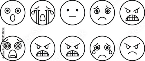 Set of black and white line art vector icons featuring various facial expressions including angry sad surprised and crying isolated on white background.