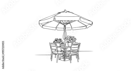 Outdoor cafe table and chairs with umbrella one line drawing. Minimalist vector illustration of patio furniture. Continuous line art of restaurant terrace