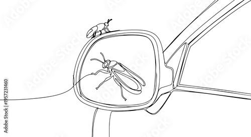 Insect on car side mirror one line drawing. Minimalist vector illustration of bug and reflection. Continuous line art of nature on vehicle part