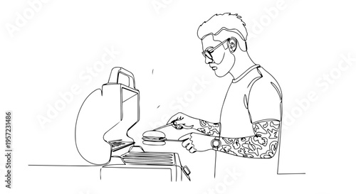 Man with tattoos grilling burger one line drawing. Minimalist vector illustration of outdoor barbecue. Continuous line art of male cook with glasses