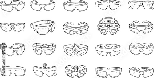 Detailed line art vector collection of diverse eyewear: smart glasses, VRAR headsets, safety goggles, and stylish sunglasses