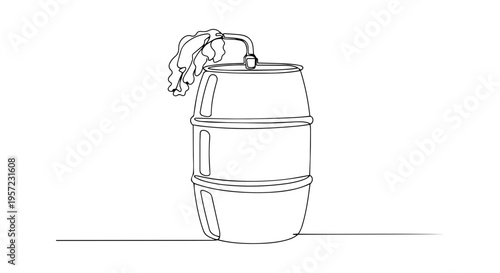 One line drawing of a metal barrel with a plant. Minimalist industrial and nature concept vector illustration. Continuous line art of a drum isolated on white background