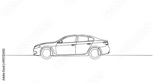 One line drawing of a sedan car. Minimalist automobile vector illustration. Continuous line art of a vehicle side profile isolated on white background