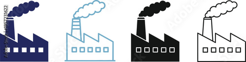 Industrial, factory, smoke, icon, set, manufacturing, plant, pollution, industry, production, chimney, building, engineering, technology, silhouette, outline, vector, illustration, collection, design