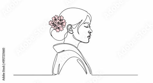 Continuous line drawing of a woman in a kimono with flowers. Minimalist Japanese culture vector illustration. Sakura blossom in hair isolated on white background