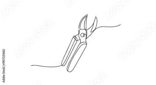 One line drawing of garden pruning shears. Minimalist gardening tool vector illustration. Continuous line art of secateurs isolated on white background