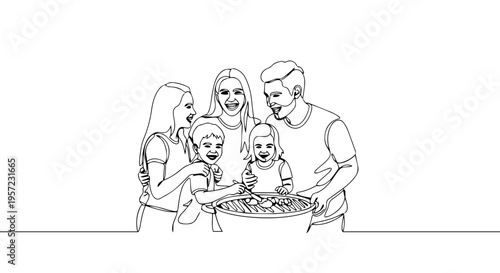 Happy family barbecue party one line drawing. Continuous line illustration of parents and children grilling outdoors. Minimalist vector graphic