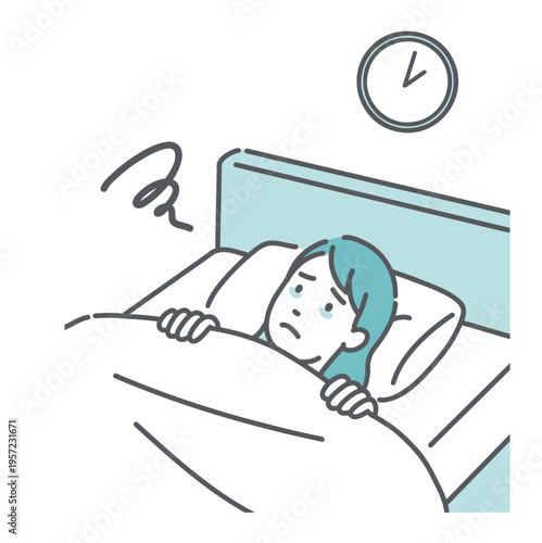 夜中に目が覚めて眠れない女性のイラスト（不眠症・睡眠障害）