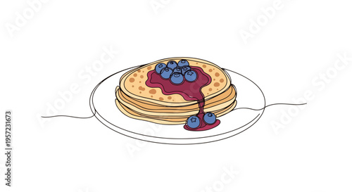 One line drawing of pancakes with blueberries. Minimalist food vector illustration. Stack of pancakes with berry jam isolated on white background