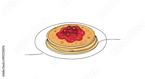 Continuous line drawing of pancakes with berry jam. Minimalist food vector illustration. Stack of pancakes on a plate isolated on white background