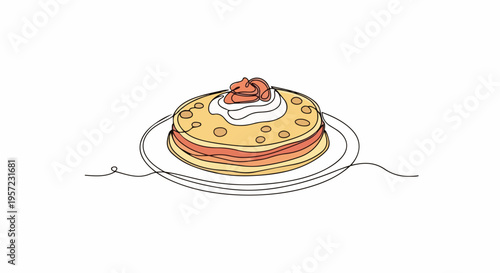 Continuous line drawing of pancakes with whipped cream. Minimalist food vector illustration. Stack of pancakes with strawberry isolated on white background