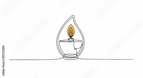 Oil lamp with flame in teardrop shape. One line drawing vector illustration. Traditional light symbol isolated on white