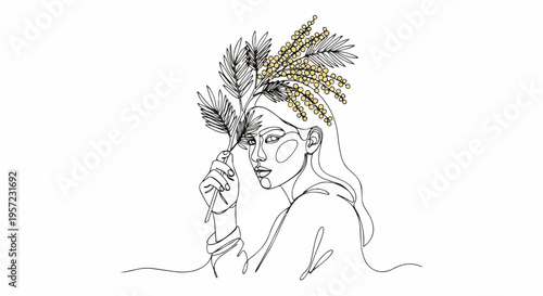 Woman with mimosa flowers one line drawing. Minimalist spring beauty and femininity vector illustration. Continuous line art isolated on white