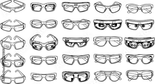 Collection of diverse glasses, smart glasses, and virtual reality eyewear. Hand-drawn vector illustration of modern and classic optical frames for fashion and technology.