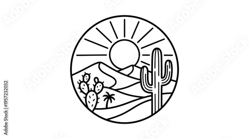 Desert Landscape Emblem in Line Art