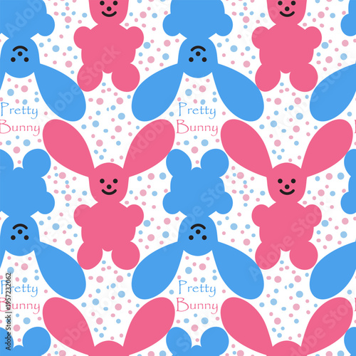 Seamless pattern with cute pink and blue bunnies and title Pretty Bunny on white background