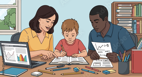 Family doing homework together at desk.