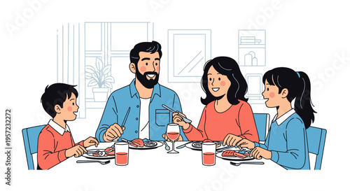 Family eating together at dinner table.