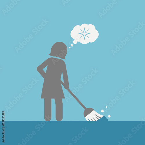 Silhouette of a woman sweeping with a thought bubble above her head.