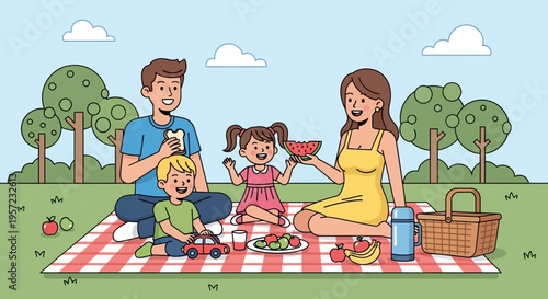 Family having outdoor picnic together happily.