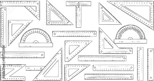 Hand-drawn sketch collection of geometric measuring and drafting tools, including various rulers, set squares, protractor, and T-square, on a white background.