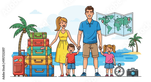 Family on vacation with luggage.