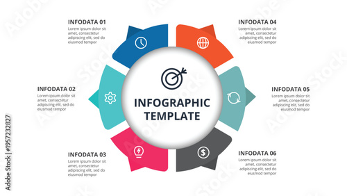 Essential infographic with 6 steps, options, parts or processes. Business data visualization.