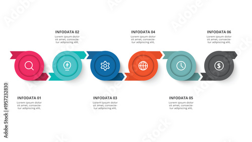 Essential infographic with 6 steps, options, parts or processes. Business data visualization.