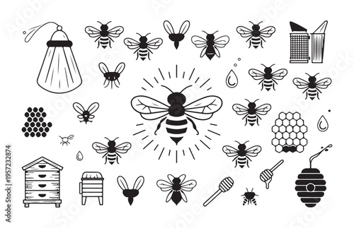 Beekeeping icons and honey bee silhouettes collection with hive smoker and honeycomb elements for logo designs