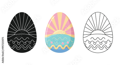 Collection of three unique stylized easter egg vector graphics featuring sunrise over water designs