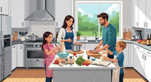 Family Preparing Food Together Kitchen.