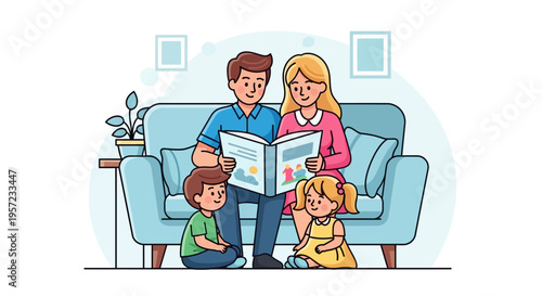 Family reading together on couch.