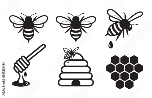 Set of various bee and honey-related items, including honey dipper, beehive, and honeycomb