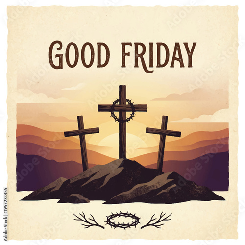Good Friday background with three crosses on hill and thorn crown vector