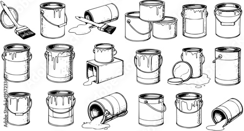 Detailed vector set of paint cans, buckets, and brushes with paint drips and spills, in classic black and white ink drawing style for renovation and art concepts.